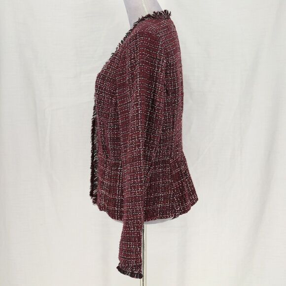 WHBM Jacket Womens 10 Burgundy Plaid Tweed Fringe Lined Blazer Peplum Open Front - Picture 14 of 15